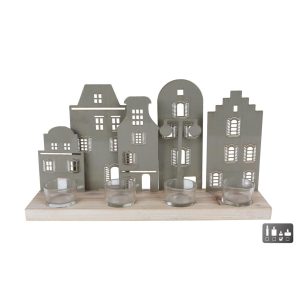 Theelichthouder Hollands Straatje 38x8.5x20 cm Sagegroen