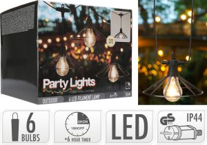 Pro Garden Party Lights Vintage LED Lichtsnoer 6 Filament Lampen met Industrieel Korfje 5.5m IP44