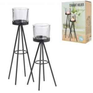 Theelichthouders 24+28 cm Metaal/Glas/Zwart 2 Stuks