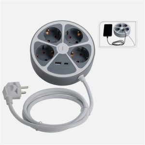 Stekkerdoos Rond 4 Weg + USB Aansluiting Grijs/Wit
